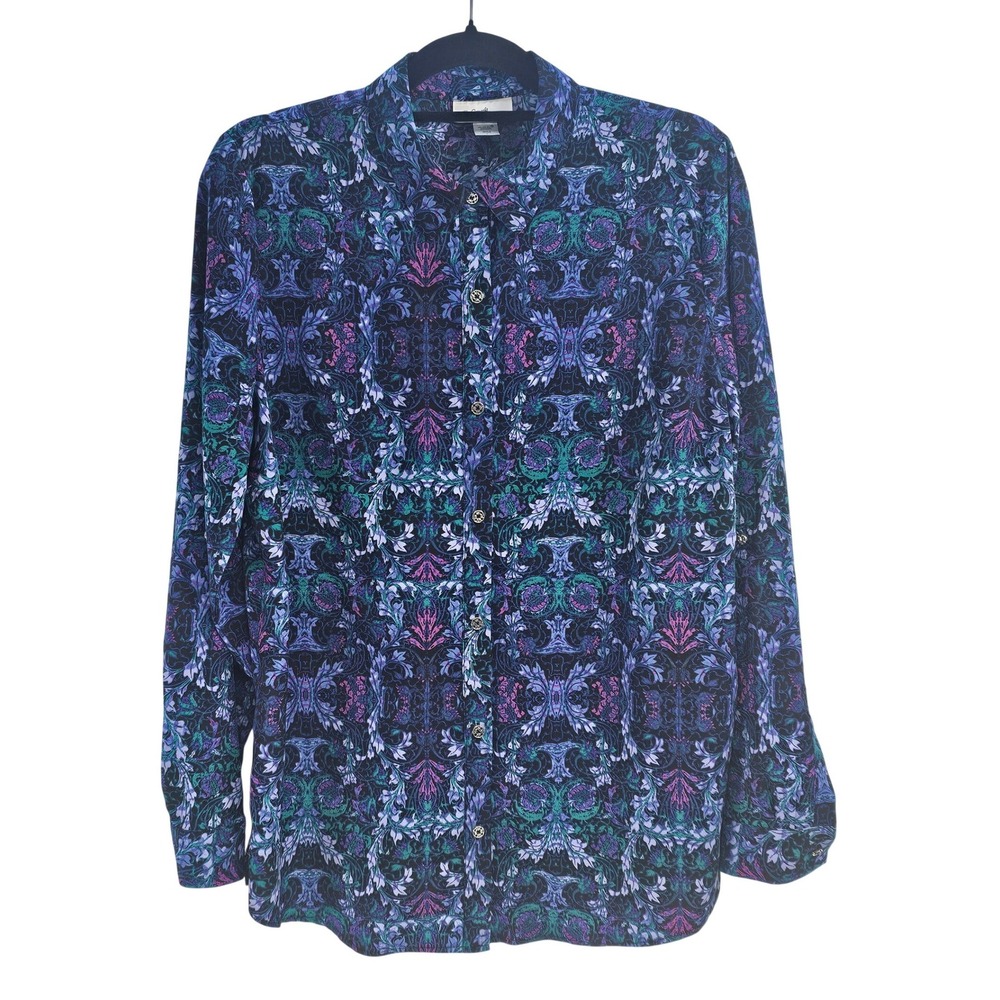 Jaclyn Smith Collection‎ Womens Long Sleeve Button Down Blue Floral Print Size L